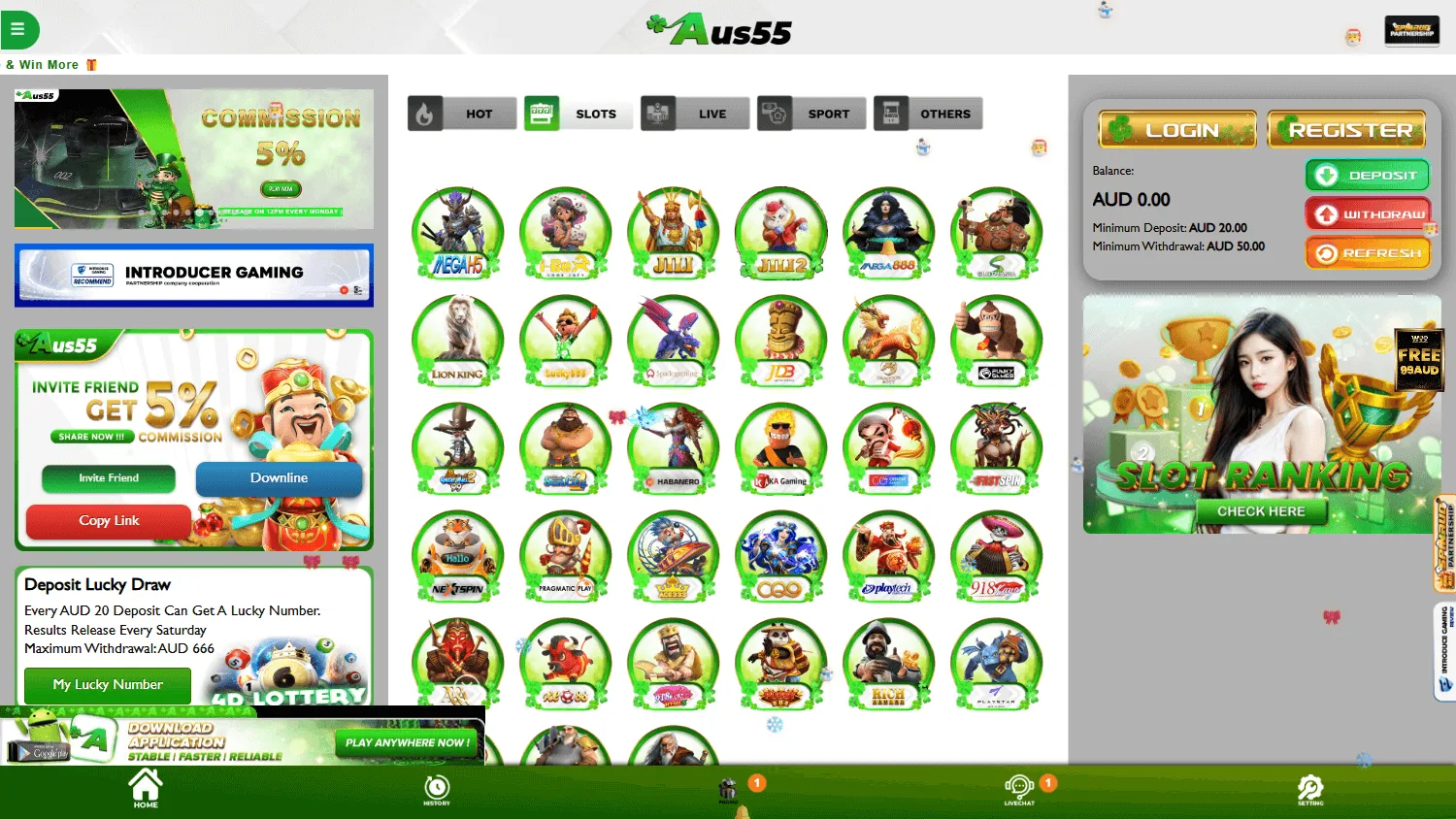 Aus55 Casino home experience on desktop