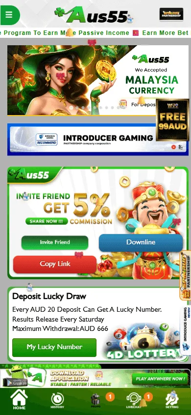 Aus55 Casino home experience on mobile